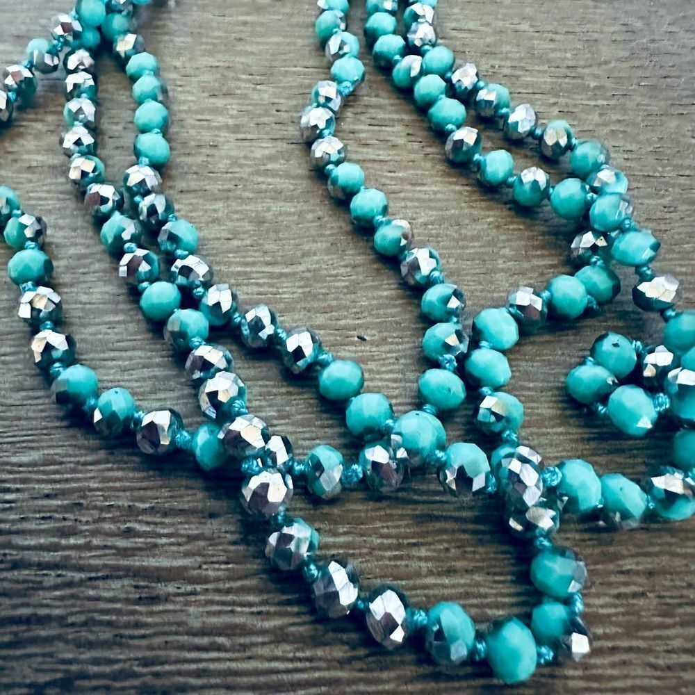 Sparkly Aqua Blue Silver Long Beaded Accent Necklace